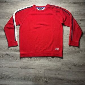 Tommy Jeans Sweater Mens Medium Red Crewneck Cotton Raglan Stripe Logo‎ Pullover
